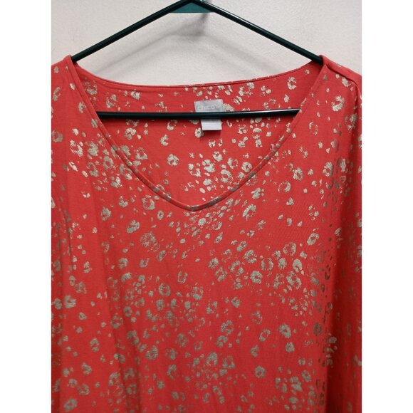 Chicos Womens BOHO Tunic Top XL Coral Metallic Animal Print Relaxed Long Sleeve - Picture 2 of 11